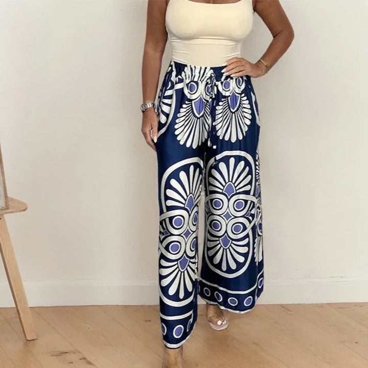 Boho Style Wide Leg Pants – Casual Print with Adjustable Tie