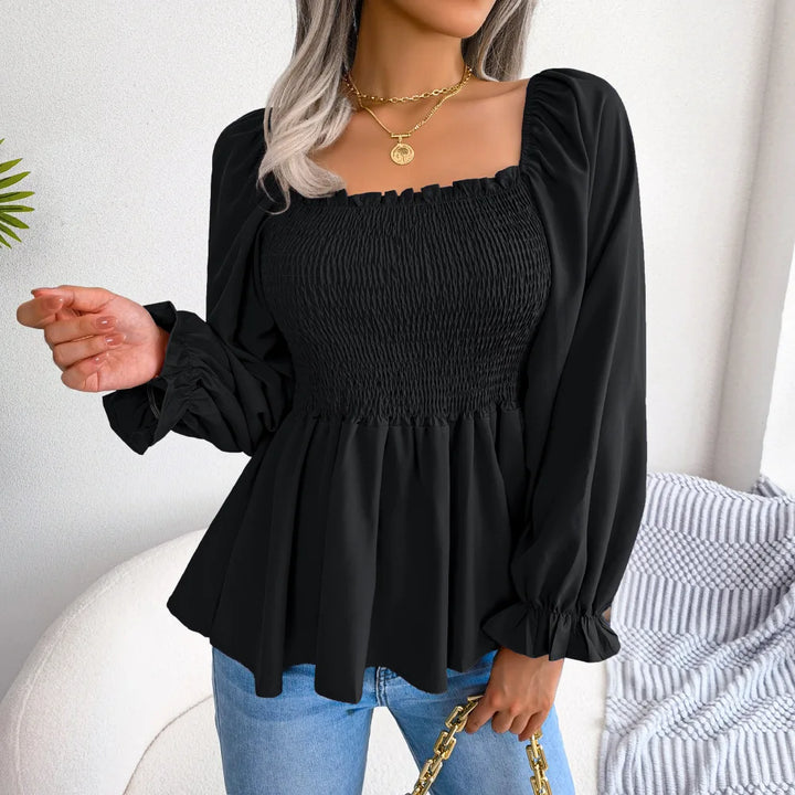 Women’s Ruffle Trim Blouse – Pleated Square Neck Design