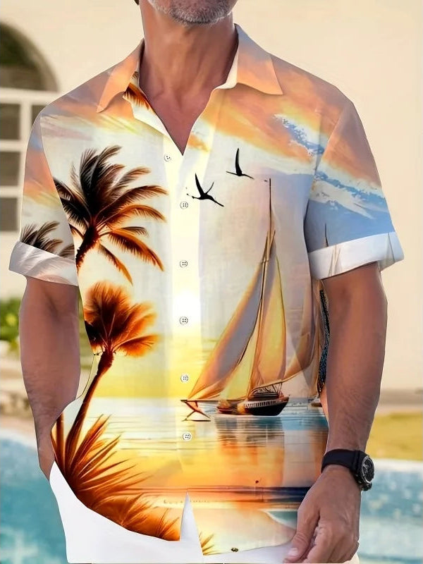 Men’s Tropical Shirt – Sunset Print Hawaiian Summer Top