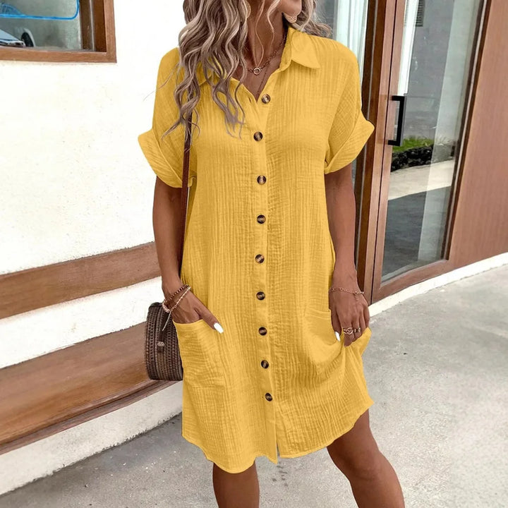 Summer Comfort Dress – Medium Length with Collar & Buckle Detail