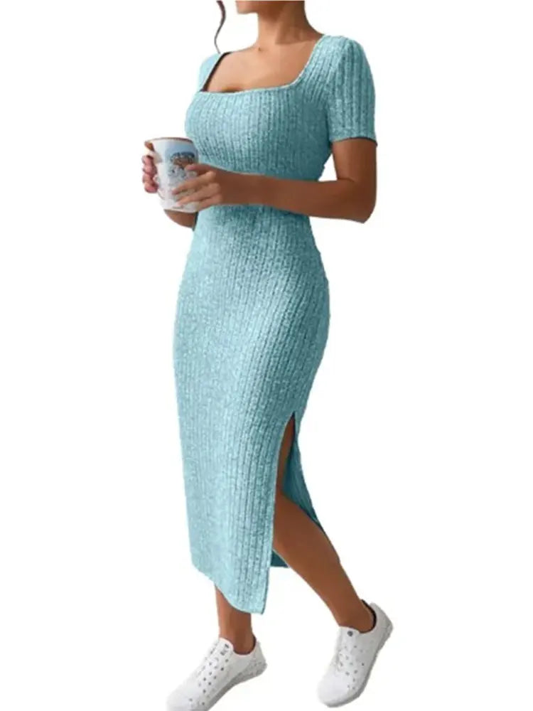 Square Neck Slim Fit Knit Midi Dress – Short Sleeve Slit Bodycon Dress