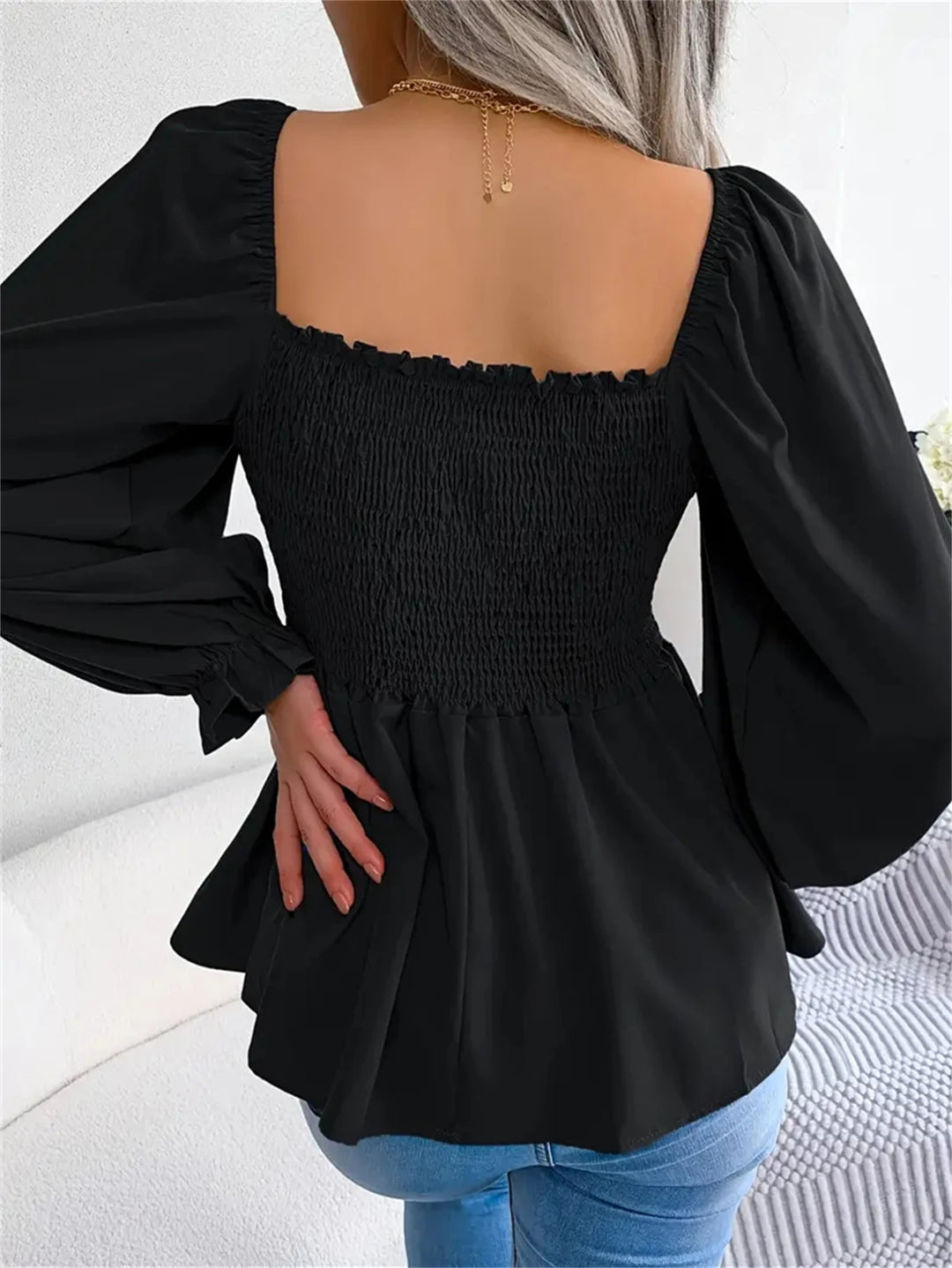 Women’s Ruffle Trim Blouse – Pleated Square Neck Design