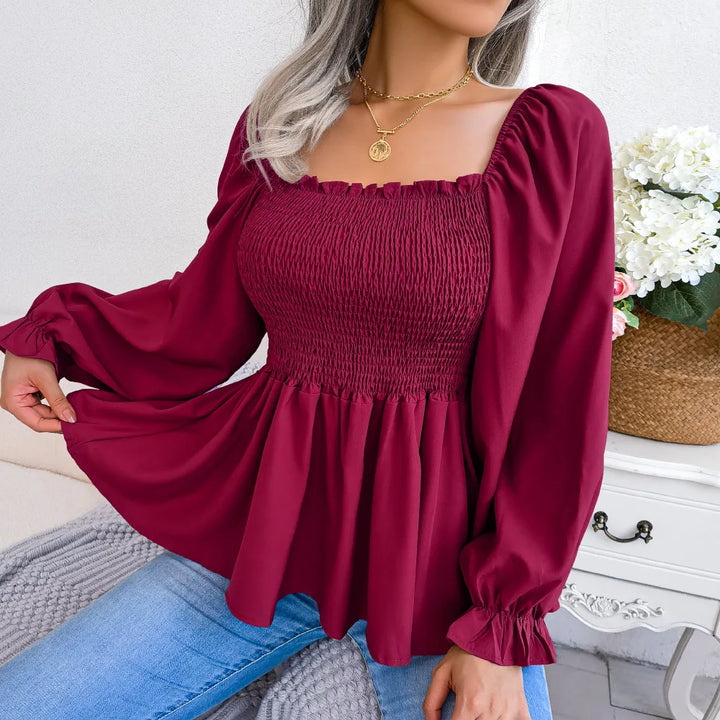 Women’s Ruffle Trim Blouse – Pleated Square Neck Design