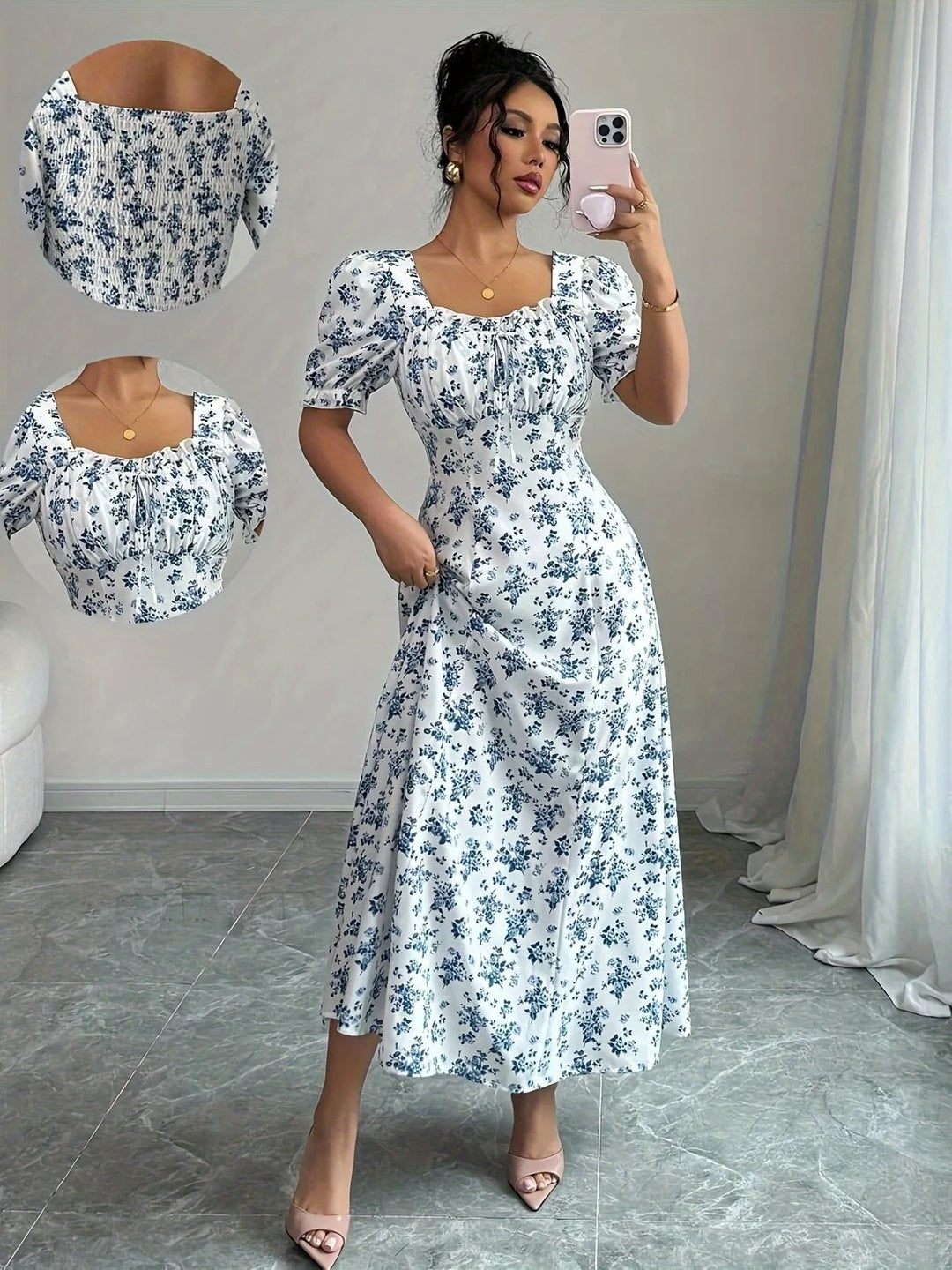 Women’s V-Neck Summer Dress – Printed Short Sleeve