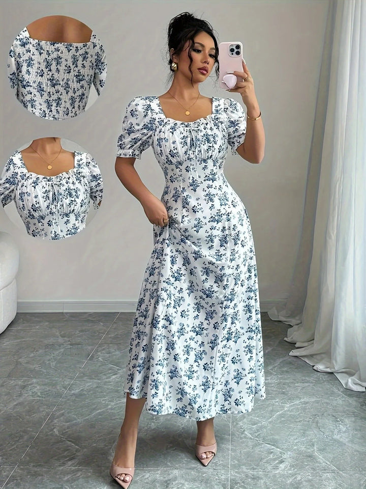 Women’s V-Neck Summer Dress – Printed Short Sleeve