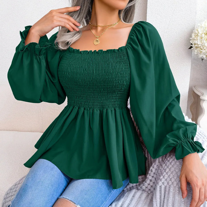Women’s Ruffle Trim Blouse – Pleated Square Neck Design