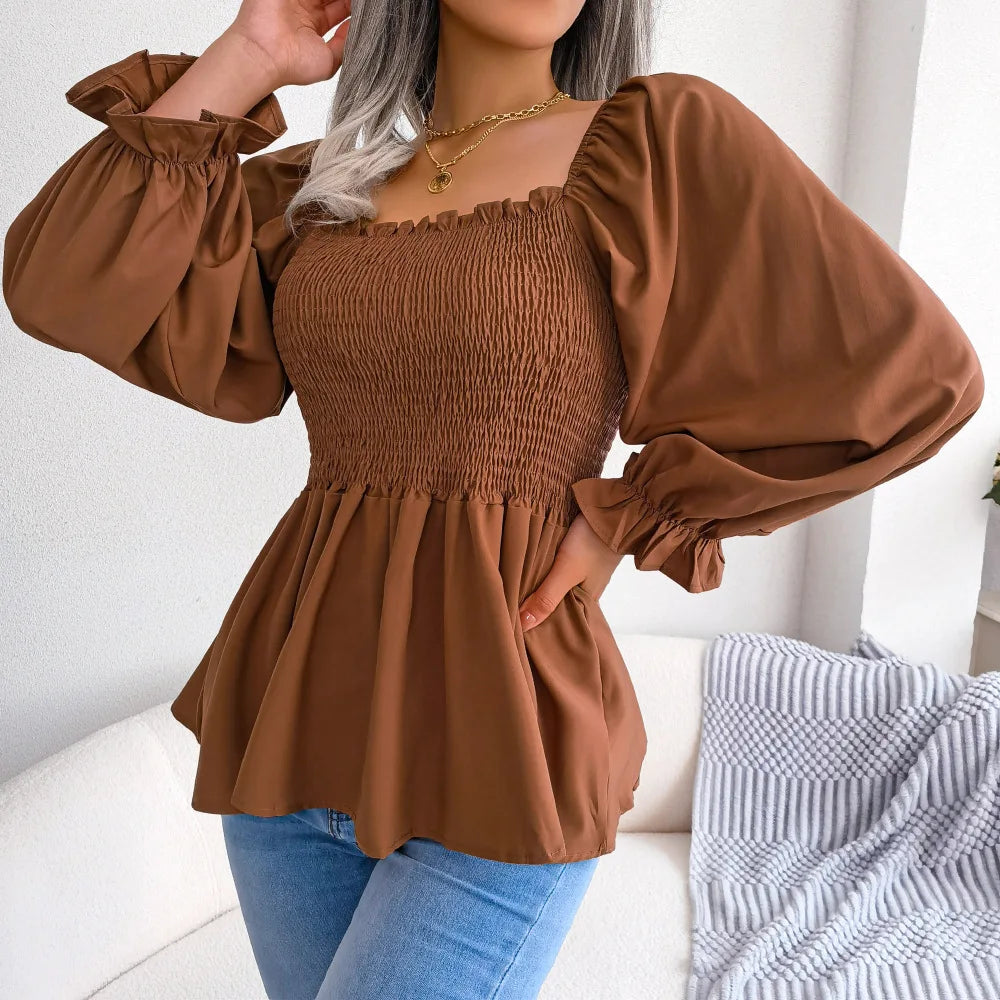 Women’s Ruffle Trim Blouse – Pleated Square Neck Design