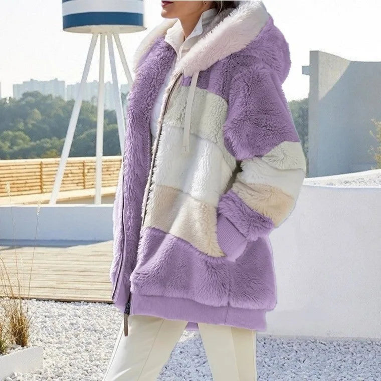 Women's Loose Fit Hooded Plush Coat – Warm, Casual Autumn/Winter Outerwear